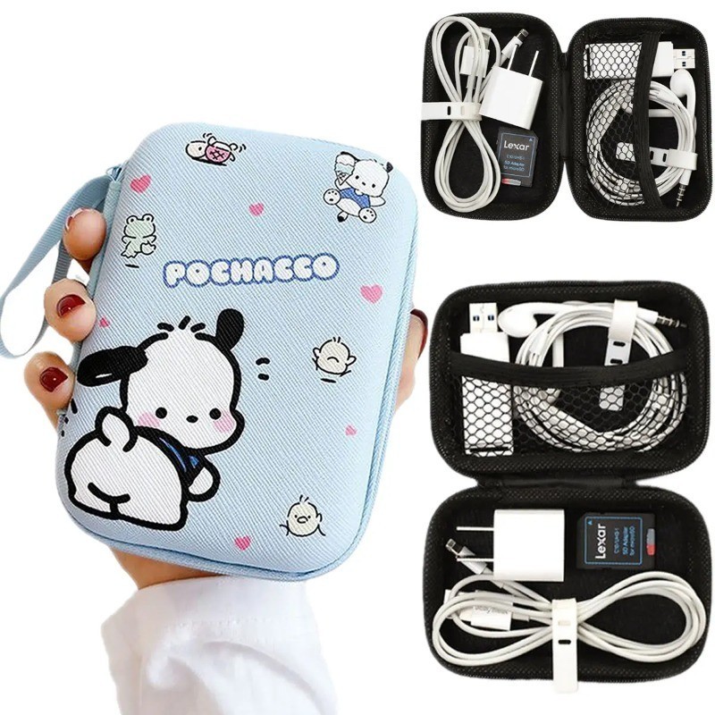 การ์ตูนน่ารัก Sanrio อะนิเมะ Hello Kitty Kuromi Pochacco หูฟังกรณีสายชาร์จเหรียญ Hard Disk Travel แบบพกพากระเป๋า Organizer