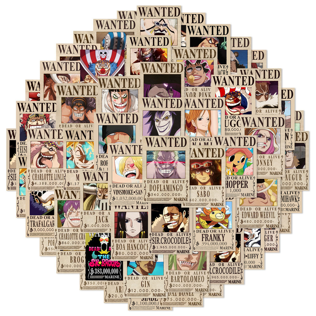 50pcs ใหม่อะนิเมะ ONEPIECE Wanted โปสเตอร์ Graffiti สติกเกอร์สําหรับหมวกกันน็อคจักรยานบัญชีมือกรณีดินสอ Decals LanLanStickersWorld