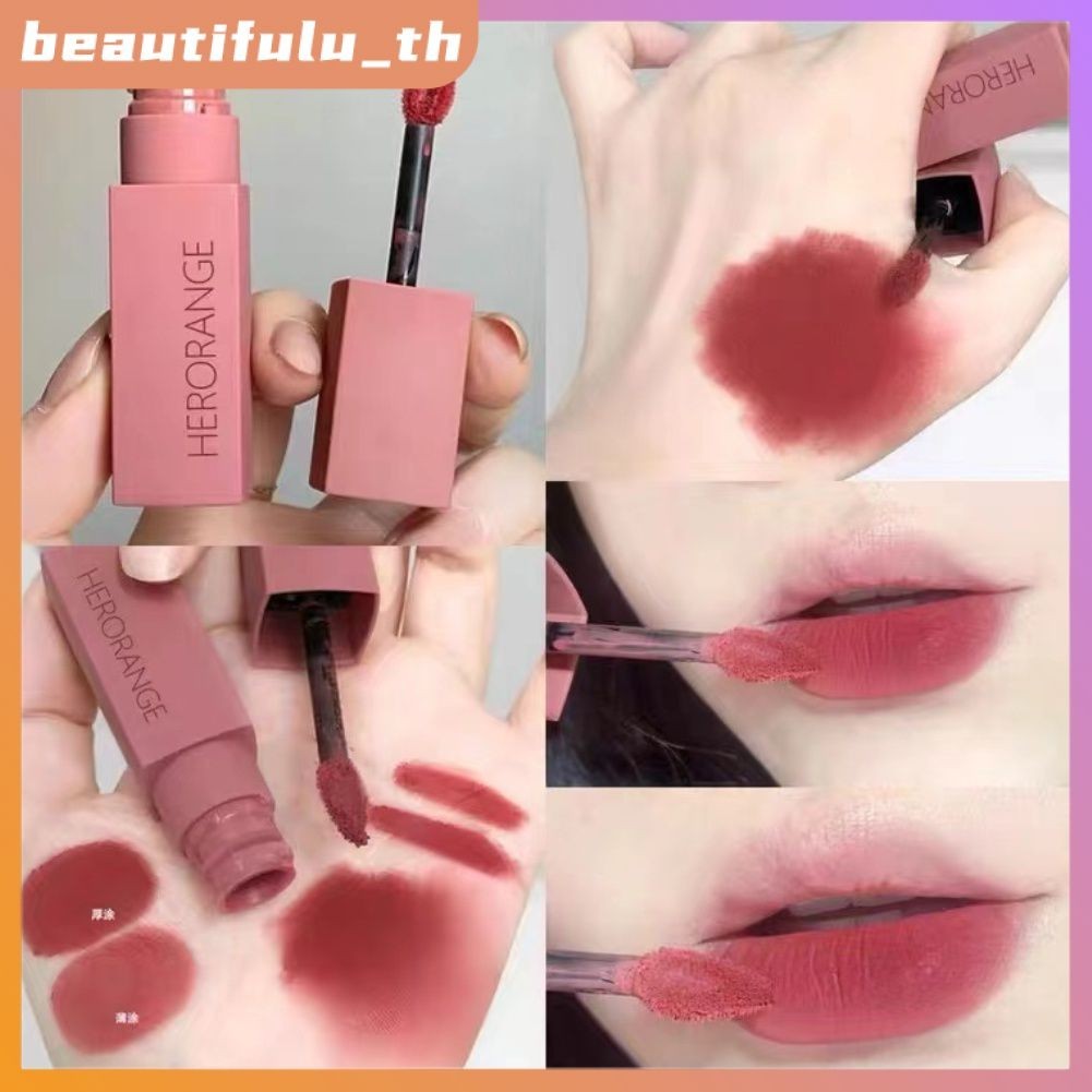 HERORANGE ลิปสติก Velvet Matte Smooth Long-Lasting Non-Stick CUP กันน้ำ Non-Fading Lip Glaze Lip Brush Beautifulu_th