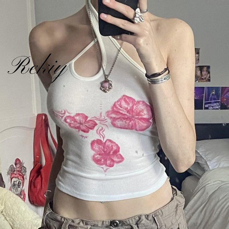 Rekiy ผู้หญิง 2024 2024 ใหม่แฟชั่นเซ็กซี่พิมพ์ Cross คอสลิง Slim ถัก Crop Top