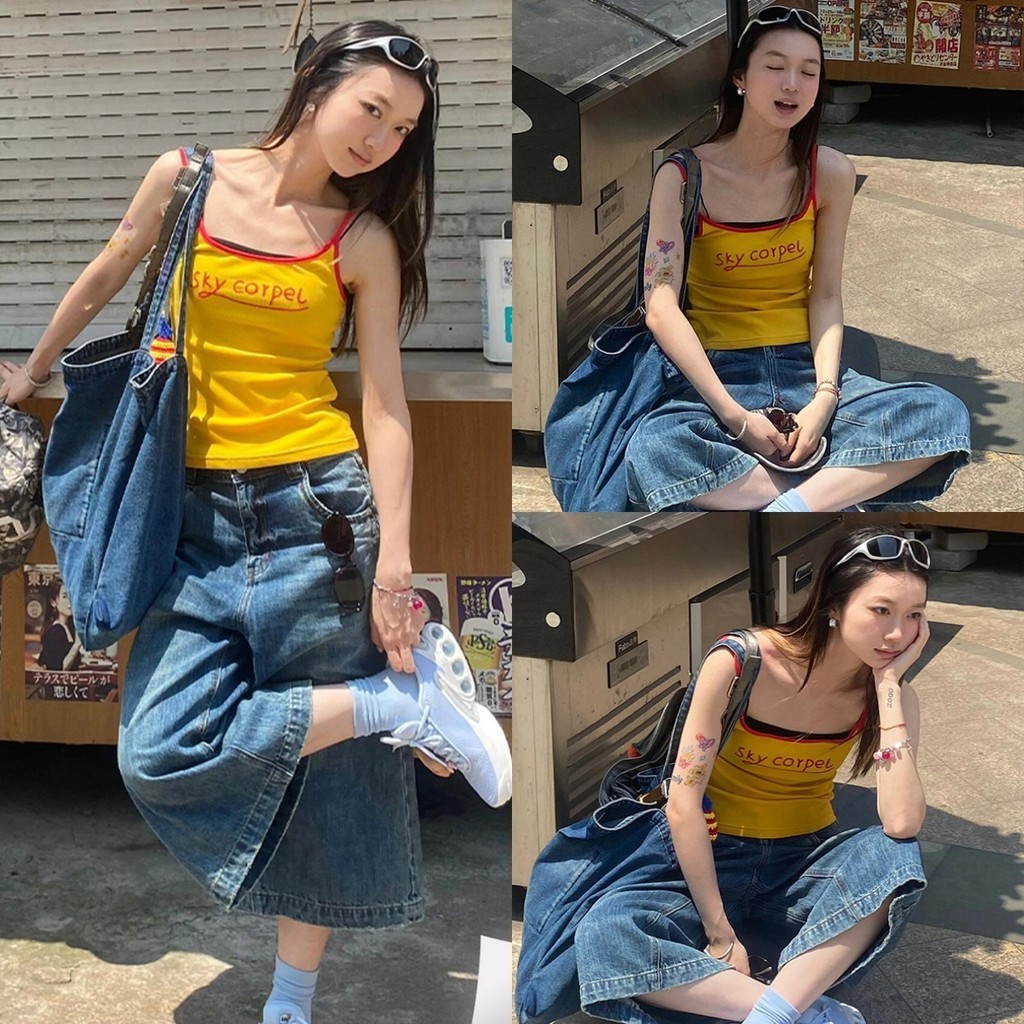 Anne เสื้อกล้ามผู้หญิง มีฟองน้ำ ทูโทน พิมพ์ลายตัวอักษร เสื้อสายเดี่ยว ใส่สบาย สไตล์ใหม่ #FY2091-L