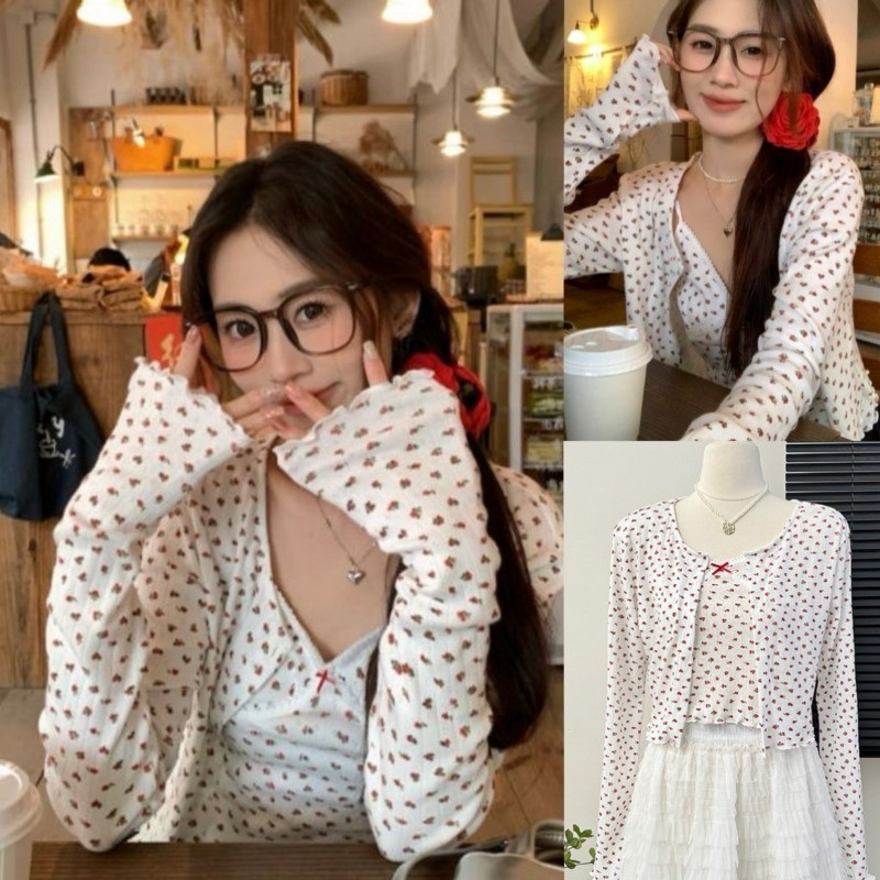 ShineSatin คาร์ดิแกนกันแดดสำหรับฤดูร้อน ผู้หญิงลายดอกไม้บาง Halter Vest ชุดสองชิ้น