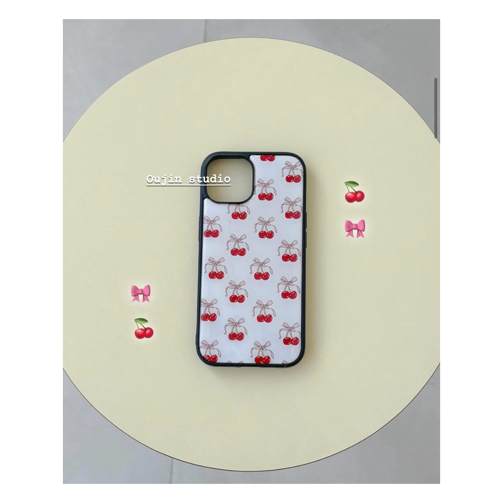 เกาหลีเกาหลีอินซอกหวานอ่อนโยนอารมณ์สีแดงเชอร์รี่โบว์ริบบิ้นกรณีแก้วเคสโทรศัพท์เหมาะสําหรับ16/15โปรแม็กซ์/14สไตล์ใหม่15มือโปรหญิง15กรณีโทรศัพท์14โปรแม็กซ์/13