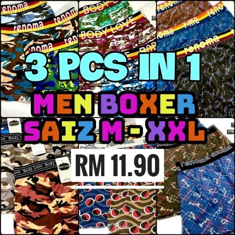 🐯นักมวยผู้ชาย🐯 9643 3 ชิ้นใน 1 ผู้ชาย BOXER M-XXL BRIEF UNDERWEAR SELURAM LELAKI MATERIAL COTTON