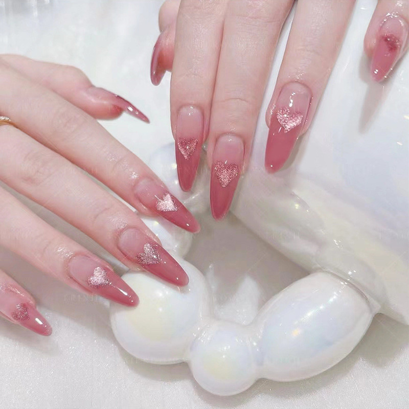 หัวใจรูปแบบไล่โทนสีแมวตาคริสตัลเล็บปลอมเงาสวมใส่เล็บปลอมยาว 30 ชิ้น/กล่อง MY073