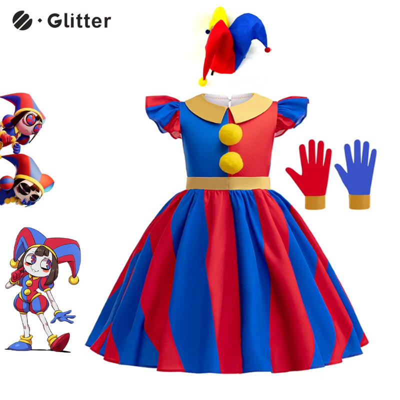 The Amazing Digital สําหรับเด็กคอสเพลย์ Circus เครื่องแต่งกายสาว Pomni ชุดเจ้าหญิงหมวกถุงมือเด็กฮาโลวีนการ์ตูนฤดูร้อนชุดกระเป๋าชุด