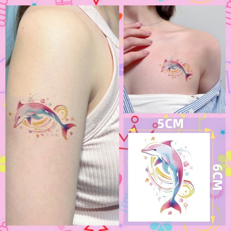 รอยสักลายปลาโลมาสีแดง รอยสักแขนสาวน่ารัก สติ๊กเกอร์รอยสัก กันน้ํา ติดทนนาน 7 วัน รอยสักวันหยุดชั่วคราว