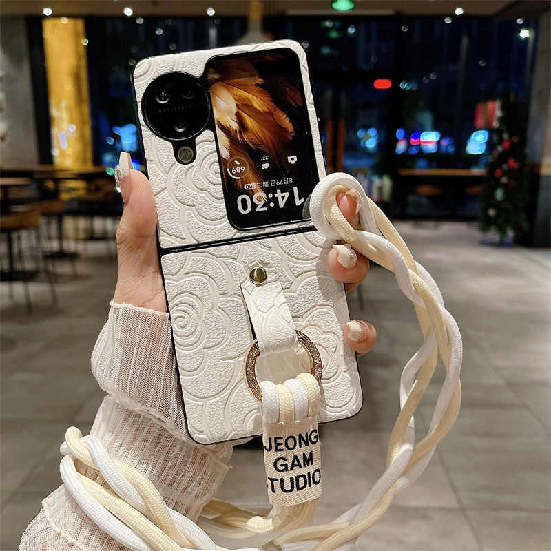 สําหรับ OPPO Find N3 Flip, Find N2 Flip, เคสโทรศัพท์แบบพับได้ดอกเคมีเลียแบบแขวน, ฝาครอบป้องกันป้องกันการตกแบบหนังคุณภาพสูง - รูปที่ 6