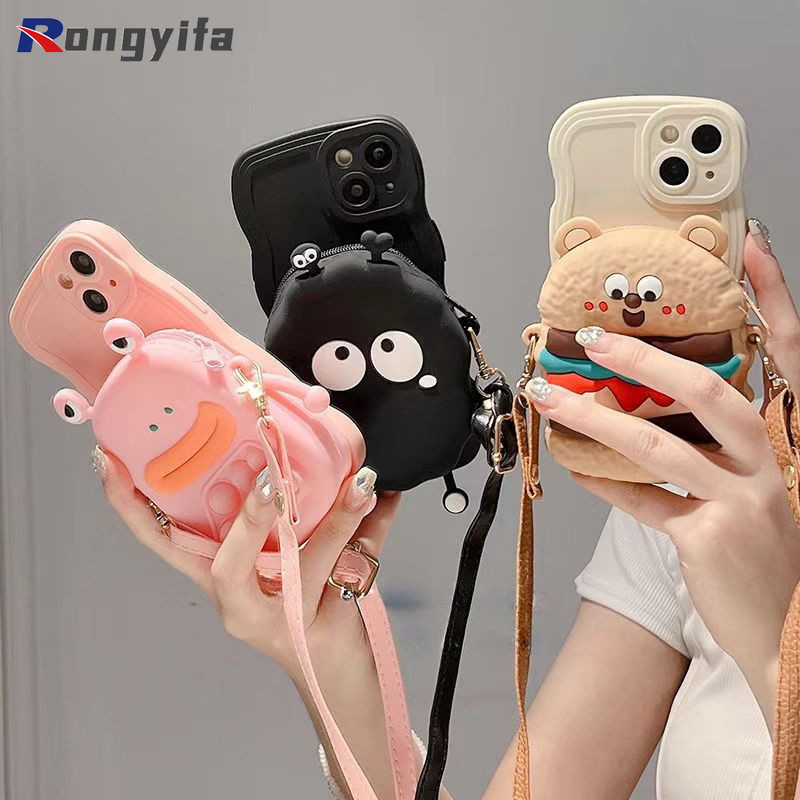 กบกระเป๋าใส่เหรียญเคสโทรศัพท์สําหรับiphone 15 14 13 12 11 Pro Max 15 14 8 7 Plus 13 12 Mini 6S 6 X XR XS Max SE2020 การ์ตูนปลอกสีดําBriquettes Burger Bear Anti-Fallกรณี