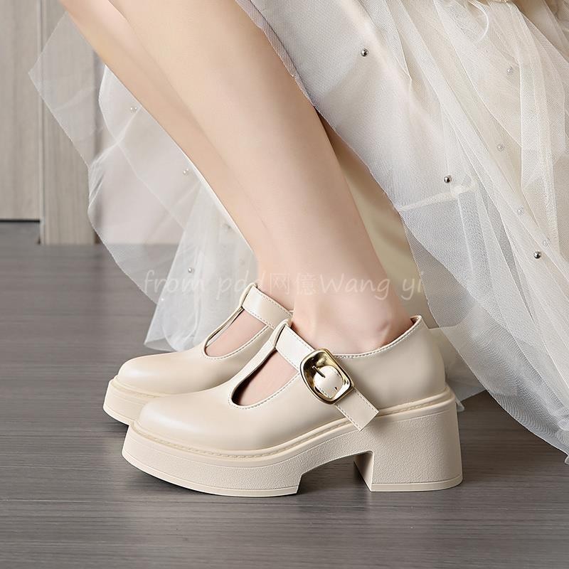 Xiaoxiang สไตล์ 2024 ฤดูใบไม้ผลิสไตล์ใหม่รองเท้าหนังแท้ผู้หญิงแพลตฟอร์มหนา Soled Pointed Toe Mary Ja