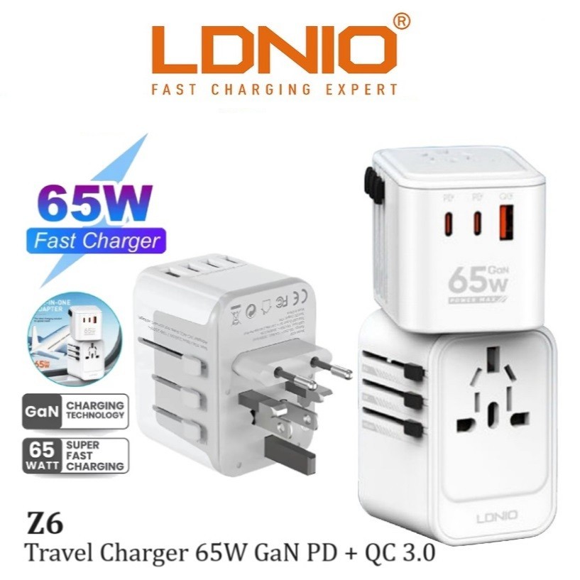 LDNIO Z6 65W GAN UNIVERSAL TRAVEL ADAPTER (2C1A) PD 65W + QC3.0 SUPER UNIVERSAL CHARGER ADAPTER