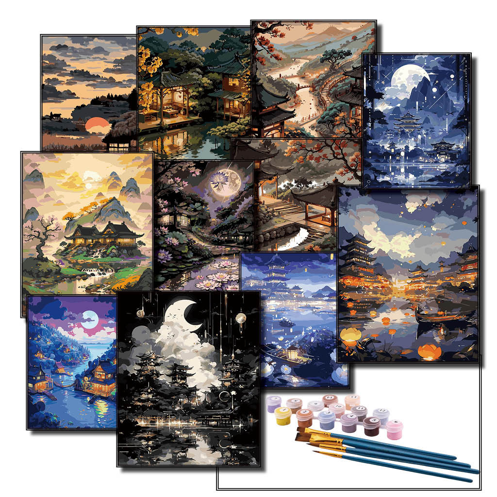 30*40 40*50ซม. DIY ภาพวาดสีน้ํามัน/ระบายสีโดยตัวเลขพร้อมผ้าใบมืออาชีพและสิ่งแวดล้อม สีที่เป็นมิตรกับสิ่งแวดล้อม สถาปัตยกรรมคลาสสิกจีน