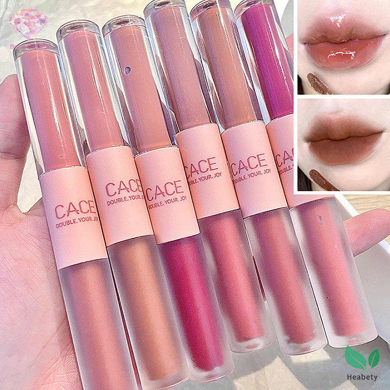Heabty 1PC Double Head Waterproof Lip Gloss Matte Velvet Lipgloss Long Lasg Lips Glaze เซ็กซี่ Red Tint Liquid Lip แต่งหน้าใหม่