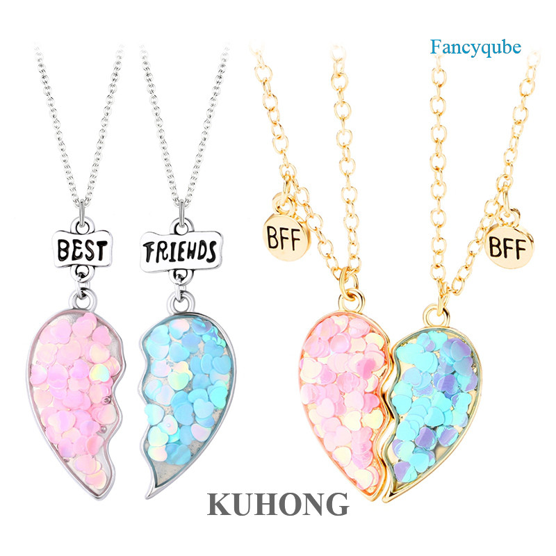 Kuhong Fashion New Fragment Sequin Love Childrens Oil Drop Necklace BFF Good Friend Magnet Stone Necklace Set