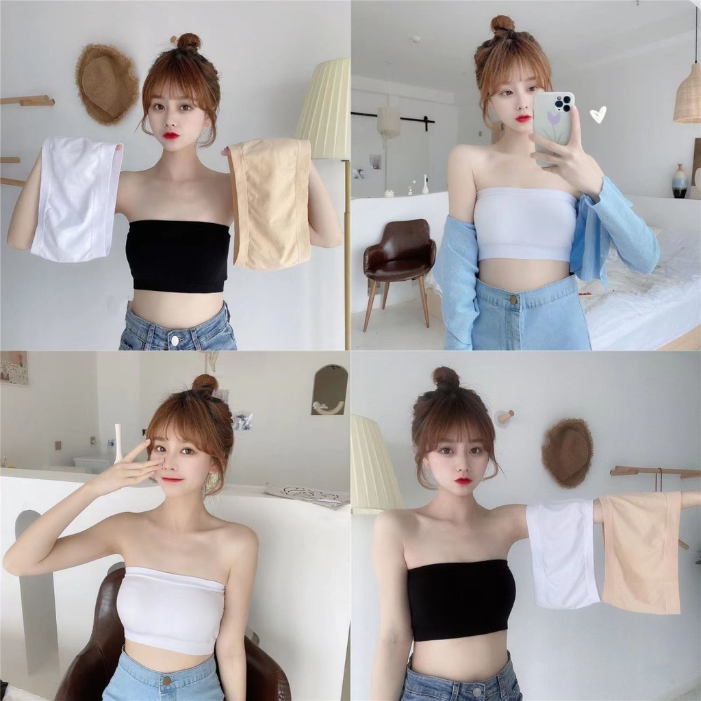 Evelynเกาะอก เปิดไหล่ สีพื้น เข้ารูป บังทรง ผ้ายืดร่องเสื้อครอป ใส่สบาย เข้ากับทุกการแต่งกาย#MX-2