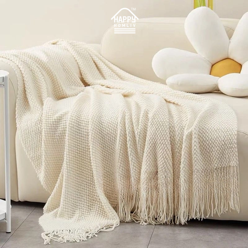 HAPPY HOMLIV ผ้าห่มถักแบบพกพาผ้าห่มเตียงโซฟาผ้าห่มโซฟา