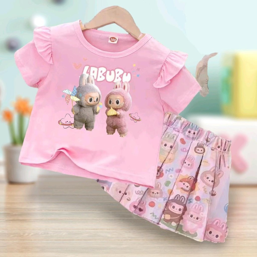 pinkชุดเซ็ทเด็ก2ชิ้น เสื้อแขนปีกนก+กระโปรงลายสุดฮิตอัดพลีท