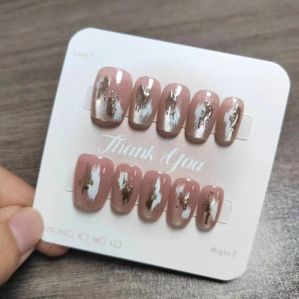 10pcs Cat Eye Handmade กดบนเล็บเล็บปลอมพร้อมสติกเกอร์กาว M106