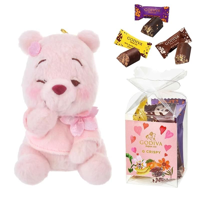 Rose Garden Dream Workshop Sakura Pooh Plush Keychain & Godiva Chocolate Gift Set (Pooh)
