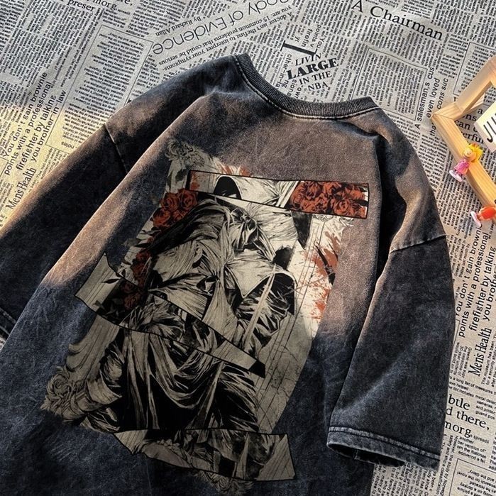 （จัดส่งตลอด 24 ชั่วโมง）HY trendy menswear เสื้อผ้าฟอกลายการ์ตูนน่ารักๆ งานป้ายAll in ทรงโอเวอร์ไซส์3