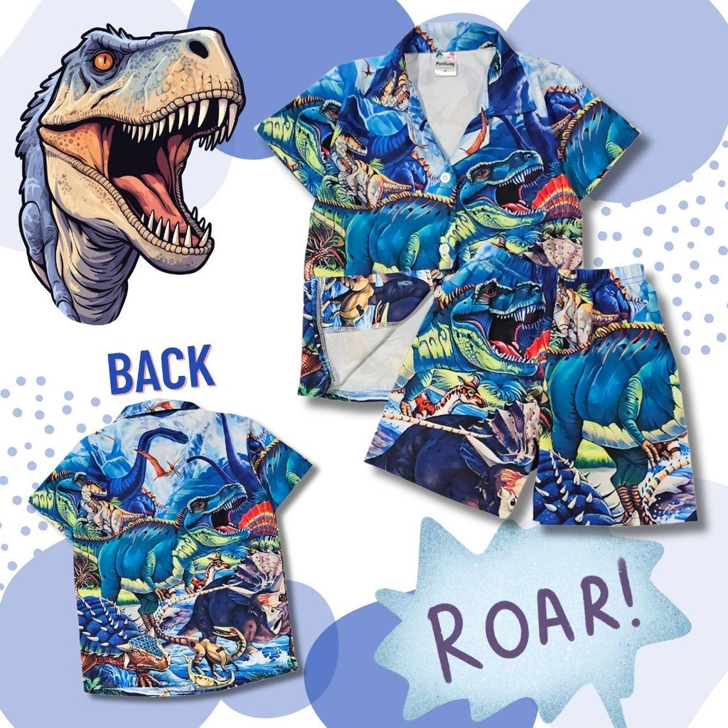 DI0750#9 ชุดเด็กเซ็ตเสื้อฮาวาย+กางเกงขาสั้น ผ้าไหมอิตาลี ลายไดโนเสาร์ เสื้อผ้าเด็กแฟชั่น ชุดเด็กลายการ์ตูน ชุดเที่ยวทะเล
