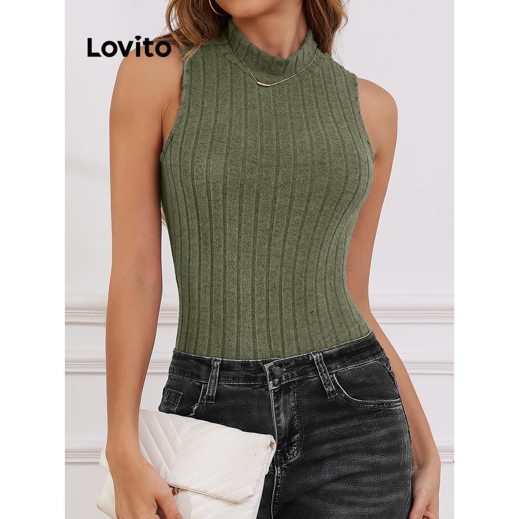 Lovito แถบหลุมถักธรรมดาสบาย ๆ เสื้อกล้ามสำหรับผู้หญิง LNL73230