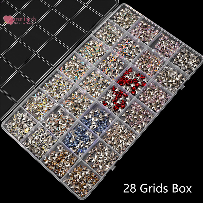 Renbg 28 กริดเล็บ Ch เพชรกล่องเก็บเครื่องประดับเล็บ Rhinestones เครื่องมือ DIY จอแสดงผลกรณี Organizer กล่อง Salon TH