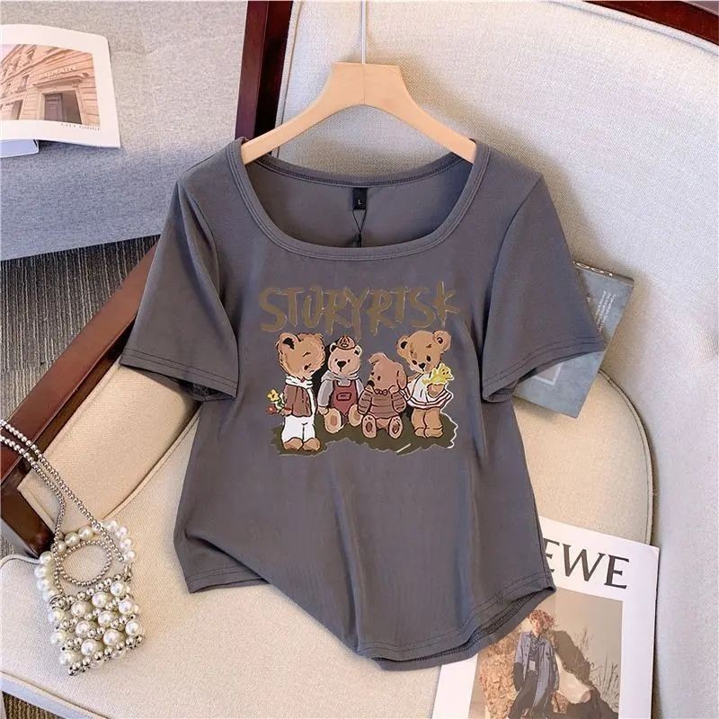 [HY] S-3xl ขนาดใหญ่การ์ตูนพิมพ์เสื้อยืดผู้หญิงออกแบบไม่สม่ําเสมอด้านบนครอบคลุมเนื้อ Slimmer ดูเสื้อยืดแขนสั้น