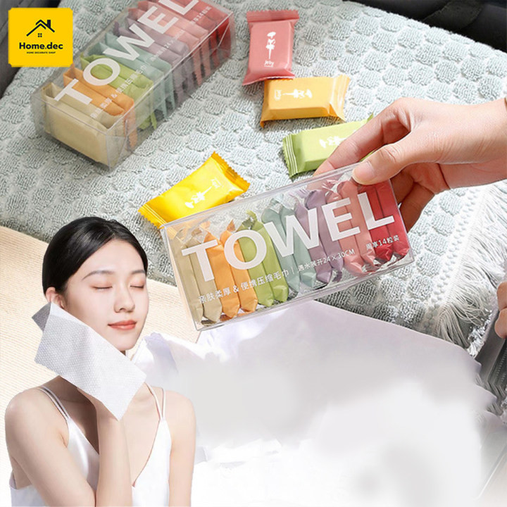 ผ้าขนหนูอัดเม็ดผ้าเช็ดตัว ผ้าอัดเม็ด แบบใช้แล้วทิ้ง 14ชิ้น/ถุง ขนาด 24×30 ซม