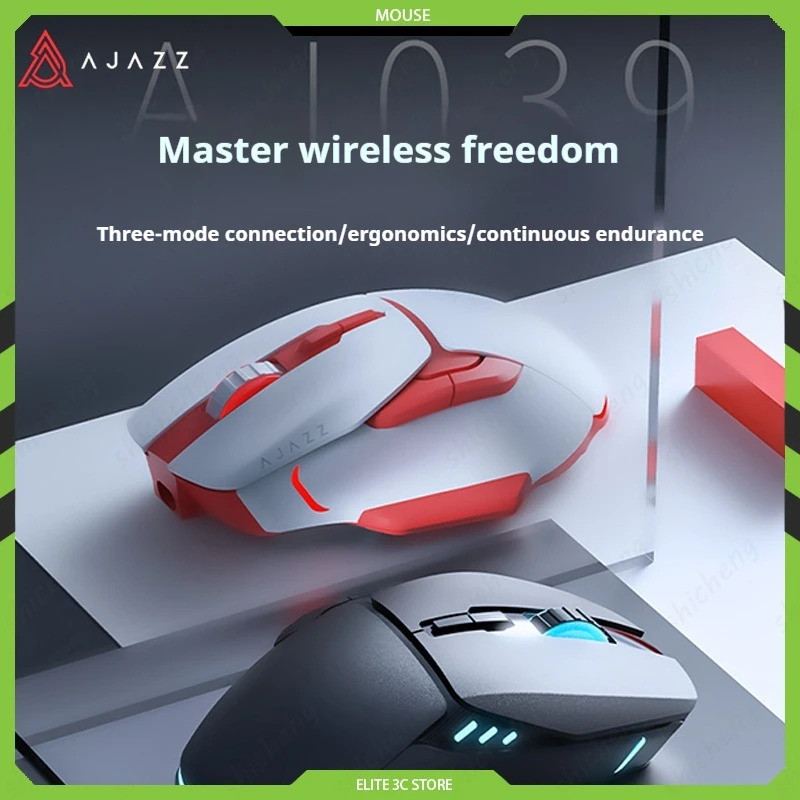 Ajazz AJ039 เมาส์สําหรับเล่นเกมไร้สาย RGB 7 ปุ่ม Tri-mode เมาส์บลูทูธแบบมีสาย PAW3212 การออกแบบตามหล