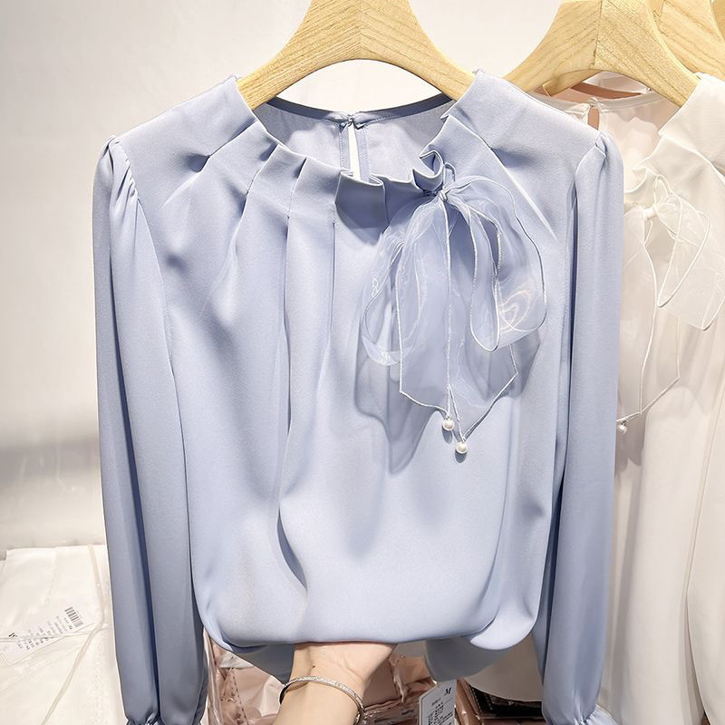 2024ใหม่จีบลูกไม้ขึ้นเย็บเสื้อชีฟองสีทึบ
