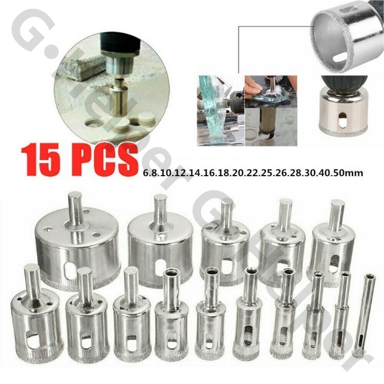 15PCS. ดอกเจาะกระจก กระเบื้อง หินแกรนิต ชุด15ดอก 6-50มิล โฮลซอ สว่าน หัวเพชร