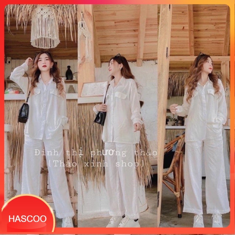 ชุดพนังกระเป๋าแขนยาวสีขาว - SHOP HASCOMO DD