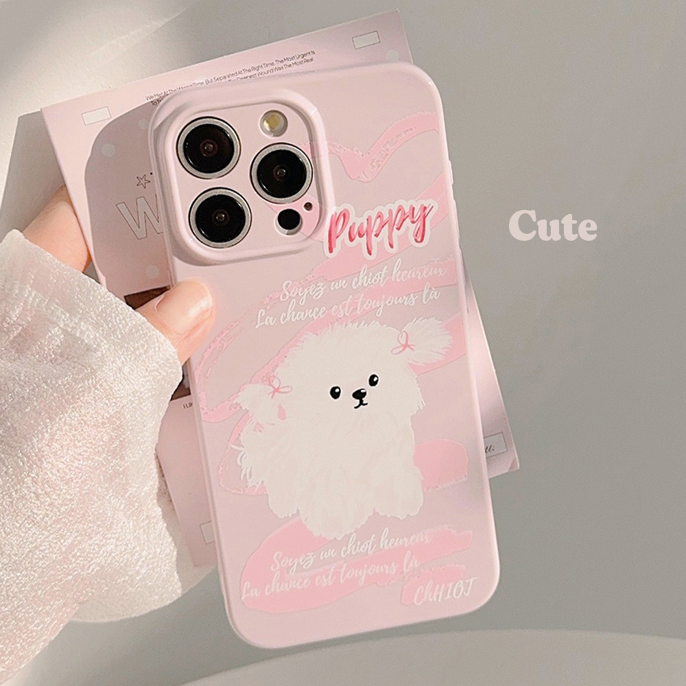 ภาพวาดสีน้ํามันการ์ตูนสุนัขสีชมพูและสีขาวป้องกันการล่มสลายเคสโทรศัพท์tpuสําหรับapple iphone 11 12 13 14 15 pro max plus