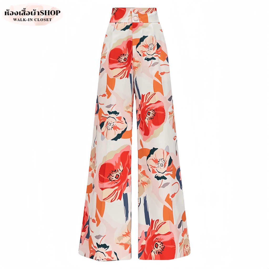 กางเกงขากระบอกสำหรับผู้หญิง พิมพ์ลายดอกไม้ ผ้าโพลีเอสเตอร์  เอวสูง ใส่สบาย สีสวยทุกไซส์ รุ่น IR075