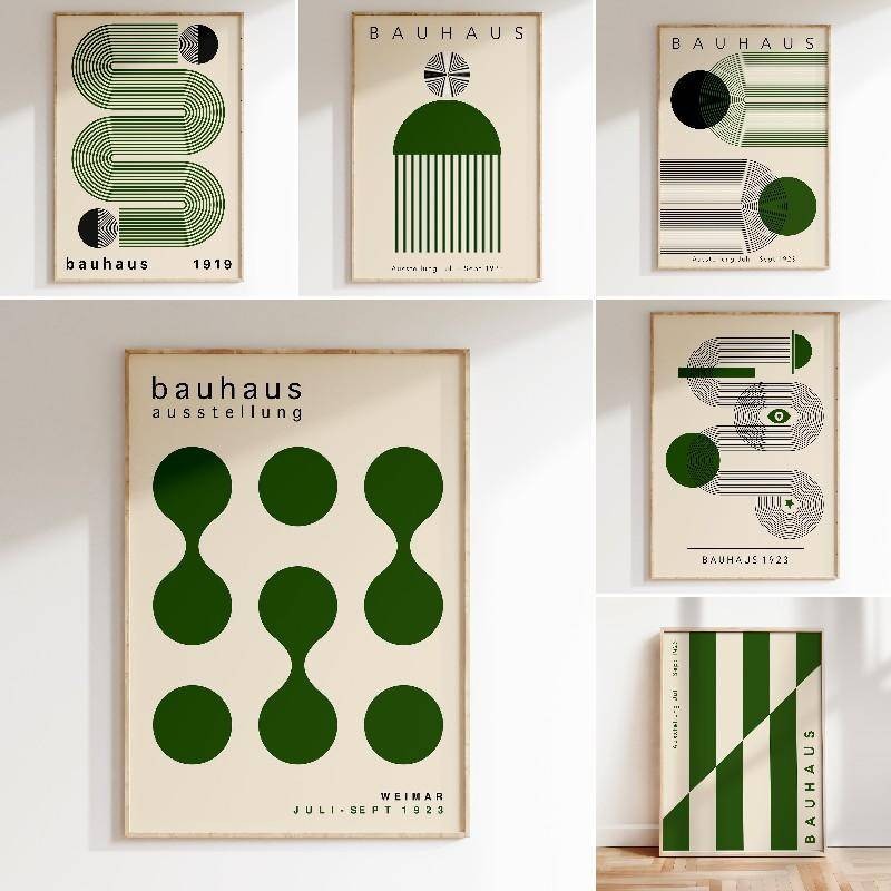 No นวัตกรรมกรอบสดและมีสไตล์ Harmony of Green Mid Century Bauhaus Canvas Wall Art Print Home Decor
