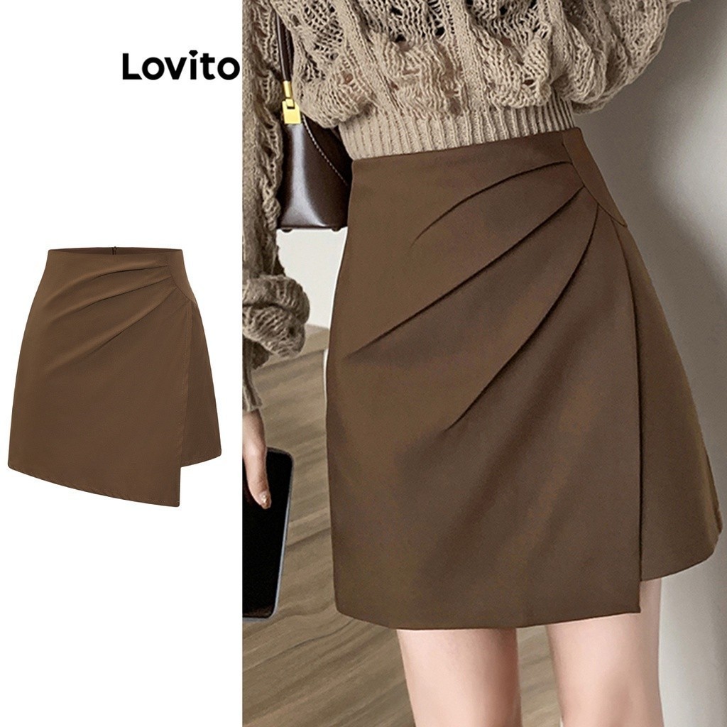 Lovito กระโปรงผู้หญิง แต่งจีบ สีพื้น สไตล์ลำลอง L77ED087