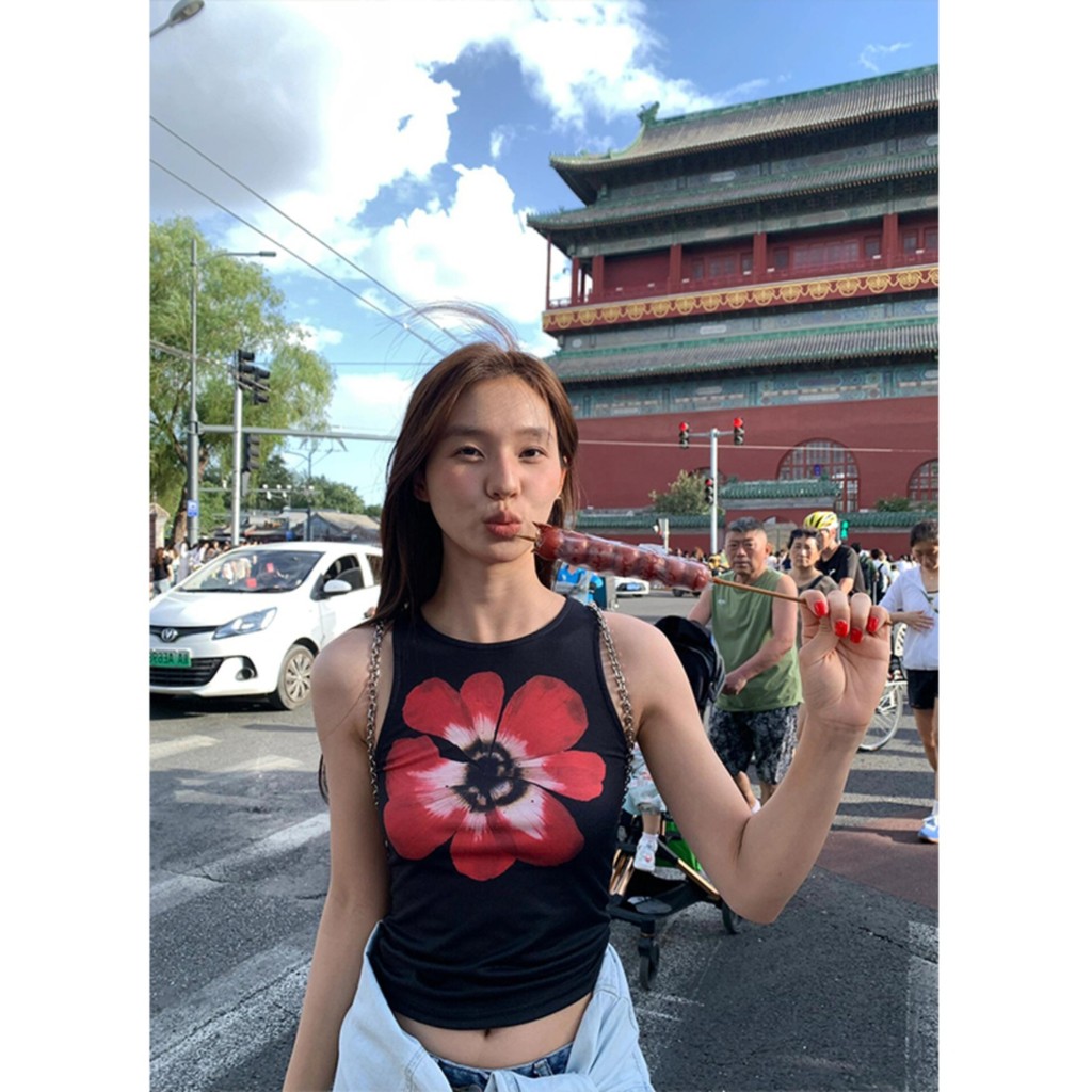 (จัดส่งตลอด 24 ชั่วโมง）OOOK Official เสื้อกล้าม แขนกุด เปิดไหล่ พิมพ์ลายดอกไม้ สไตล์เรโทร สําหรับผู้หญิง