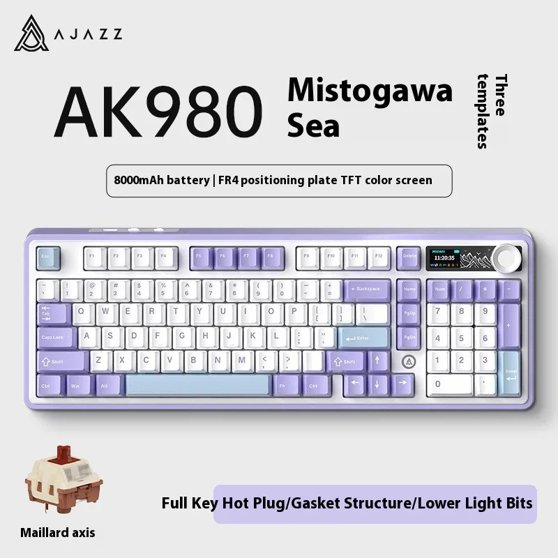 AJAZZ AK980 คีย์บอร์ดแบบกลไกพร้อมหน้าจอ (ปรับแต่งได้) ลูกบิดภาษาอังกฤษแบบมีสายและบลูทูธ 2.4g โครงสร้างปะเก็น RGB Hot Swap คอมพิวเตอร์ Gamer คีย์บอร์ด