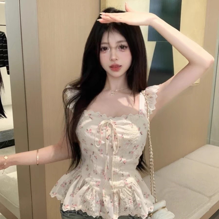 Floral Chiffon Shirt Women's Clothing Temperament Shirt Sweet Chic New Flying Sleeves Waist-Tight2024Summer Top