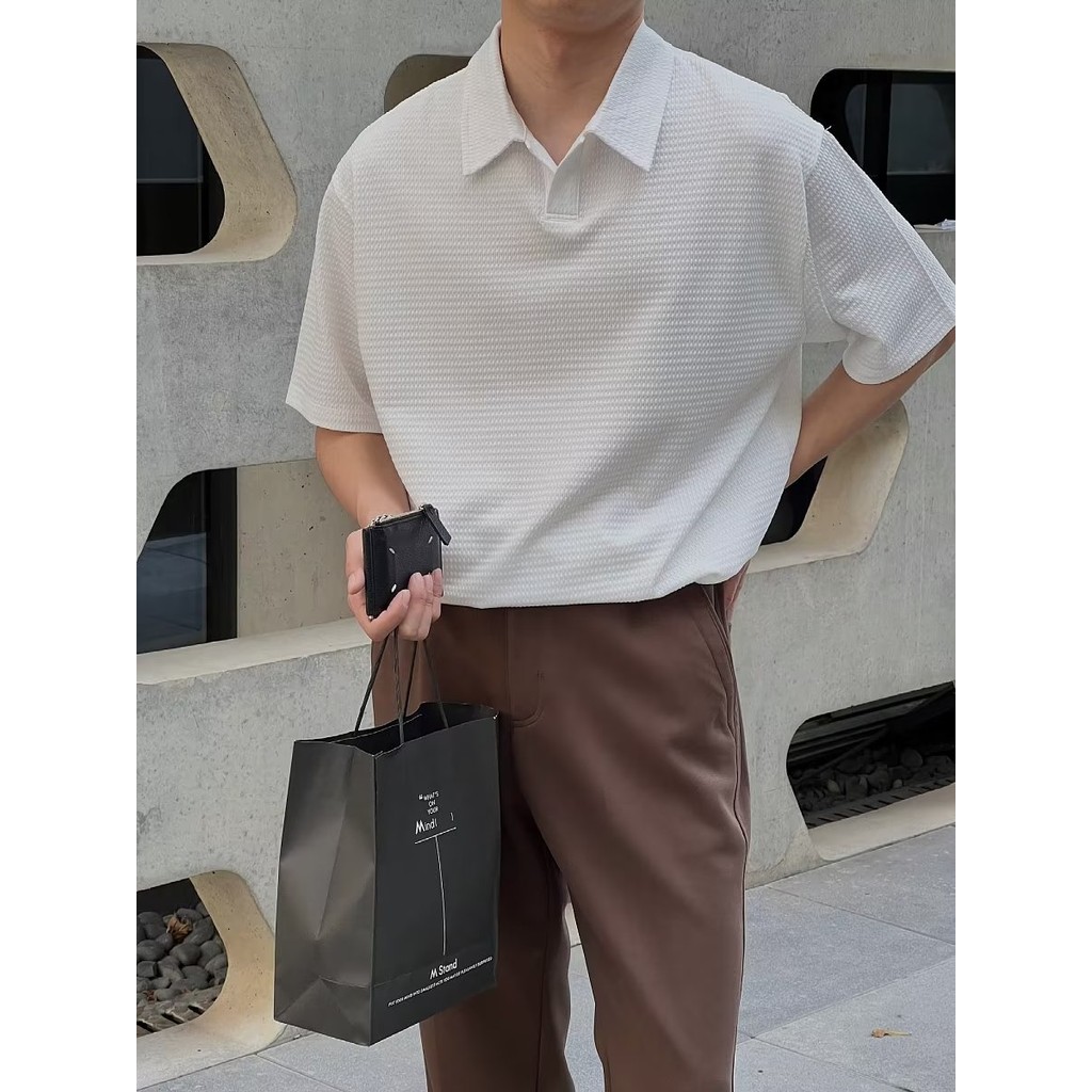 วาฟเฟิลฤดูร้อนสตรีทสวมอินเทรนด์แสงผู้ใหญ่สไตล์เสื้อยืดครึ่งแขนเสื้อโปโลผู้ชาย