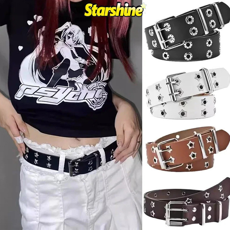 Y2k ผู้หญิง Star Rivet เข็มขัดคู่แถวเข็มขัด Punk สายรัดเอว Hollow Out PU หนังกางเกงยีนส์ตกแต่งแฟชั่นเข็มขัด