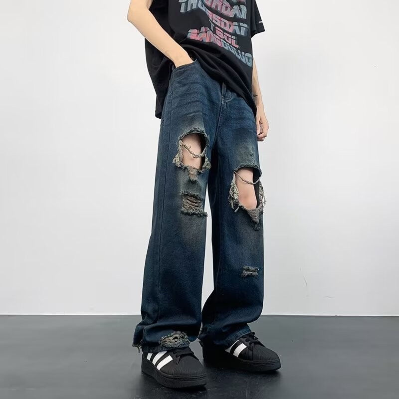 ฤดูร้อน High Street Wide-Leg Lazy Style American Retro Distressed Ripped Jeans