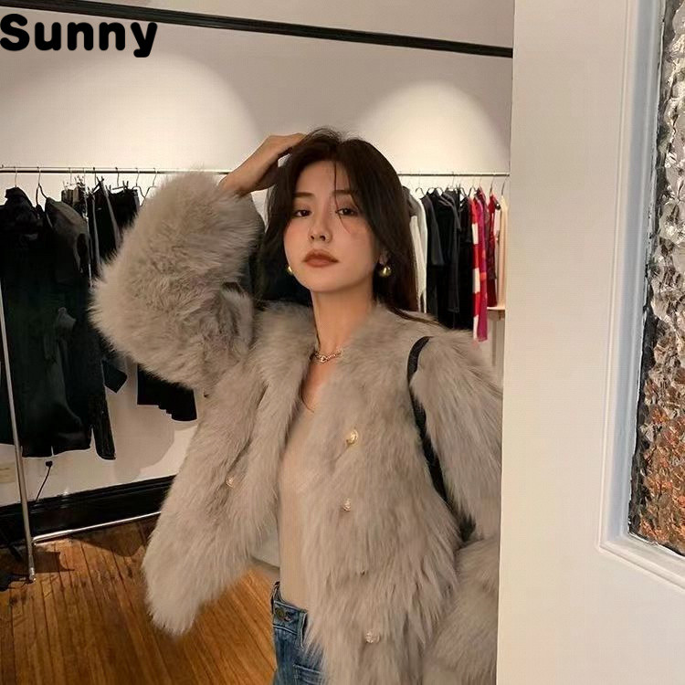 Sunny Fur Coat for Women2024Autumn and Winter New Imitation Fox FurVCollar Temperament Youthful-Looking Plush Top