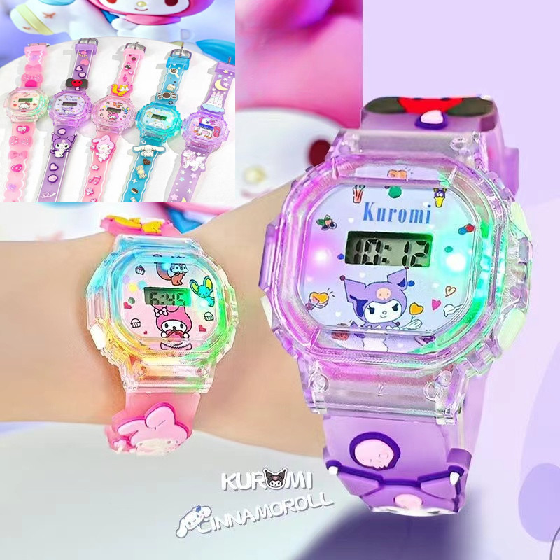 ของแท้ Sanrio Kuromi Melody Cinnamon KT Cat Pony นาฬิกาดิจิทัลธีมดนตรีพร้อมไฟกระพริบหลากสีสัน ของขวัญวันเกิดสำหรับเด็ก