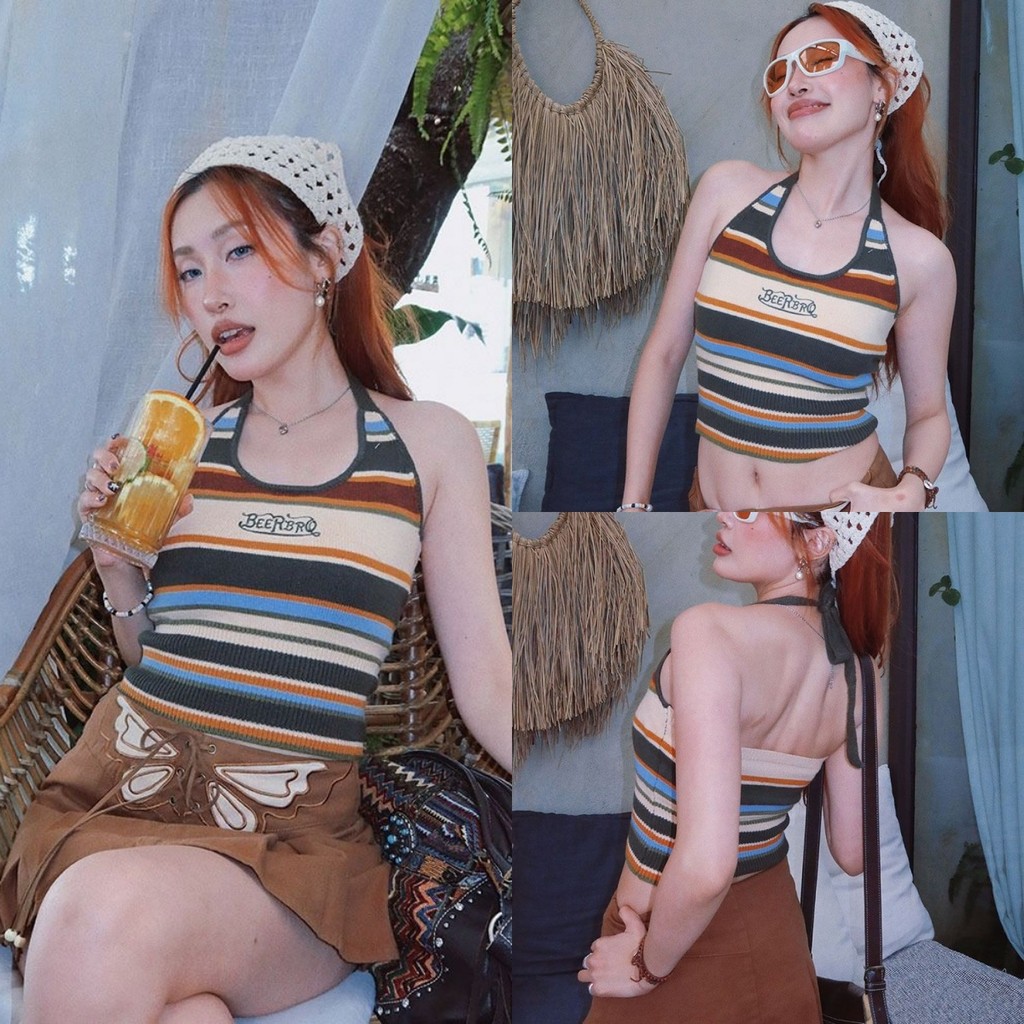 Bonnie เสื้อคล้องคอไหมพรม เซ็กซี่ คาวาอี้ ลายขวาง เสื้อกล้ามผู้หญิง สไตล์ y2k ดีเทลลายสีสันสดใสเขียวดีมาก#19197