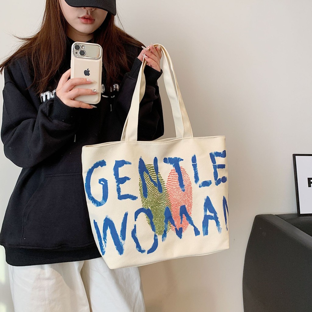 2024 Letter Canvas College Computer Large Capacity Tote Bag กระเป๋าสะพายไหล่