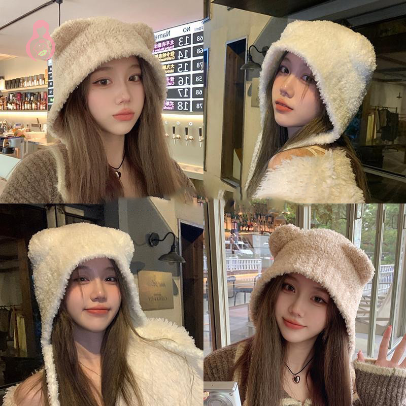 [อืม] ฤดูใบไม้ร่วงและฤดูหนาวน่ารักหมีตุ๊กตาหมวกผู้หญิงแฟชั่นอบอุ่นหมวกทําด้วยผ้าขนสัตว์เส้นรอบวงศีรษะขนาดใหญ่ป้องกันหูหมวก โอ้