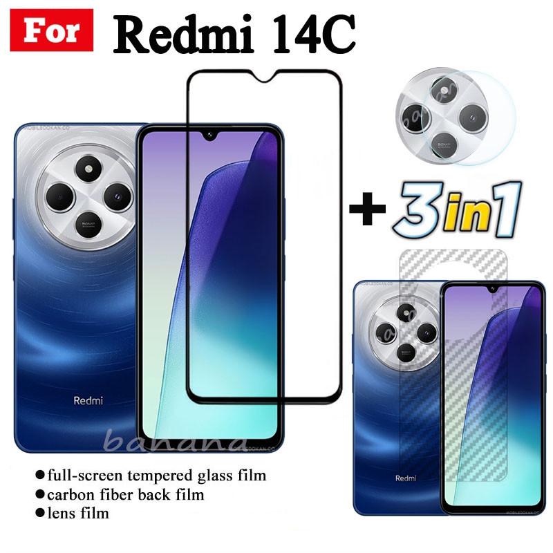 3 IN 1 Redmi 14C ฟิล์มกระจกนิรภัยสําหรับ Redmi 13C 12C 10C คลุมทั้งหมดป้องกันหน้าจอกระจก + ฟิล์มเลนส์กล้อง + ฟิล์มด้านหลัง