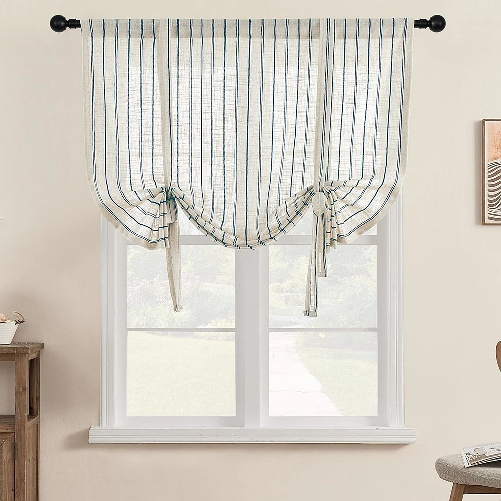 Retro ผ้าลินินธรรมชาติผสม Sheer Tie Up บอลลูนผ้าม่านสีฟ้ารูปแบบแนวตั้งชั้นยกโรมัน Blind Farmhouse Deisgn Boho ผ้าม่านสําหรับหน้าต่างขนาดเล็ก Cafe Rod กระเป๋า